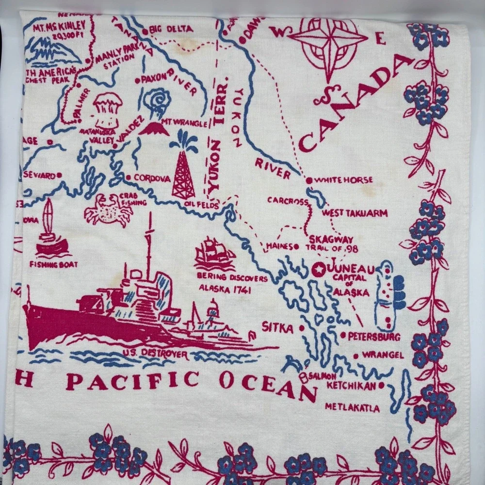 Vintage 1940s‎ 1950s Alaska Map Souvenir Table Cloth 37